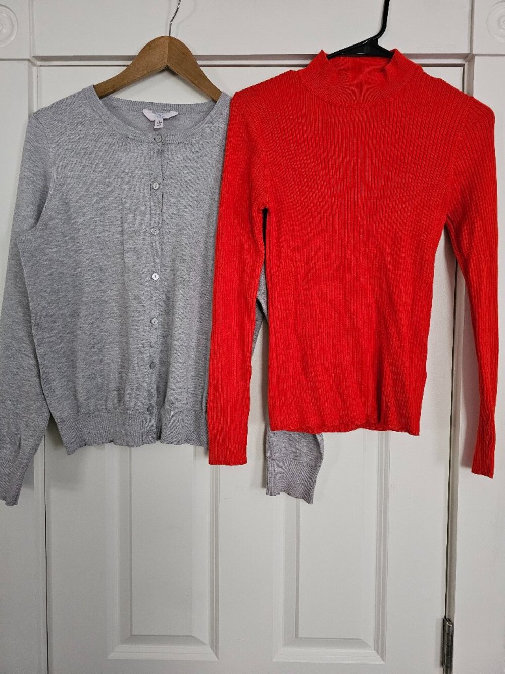 Women's heather gray button-down cardigan sweater and Women's Turtleneck Top
